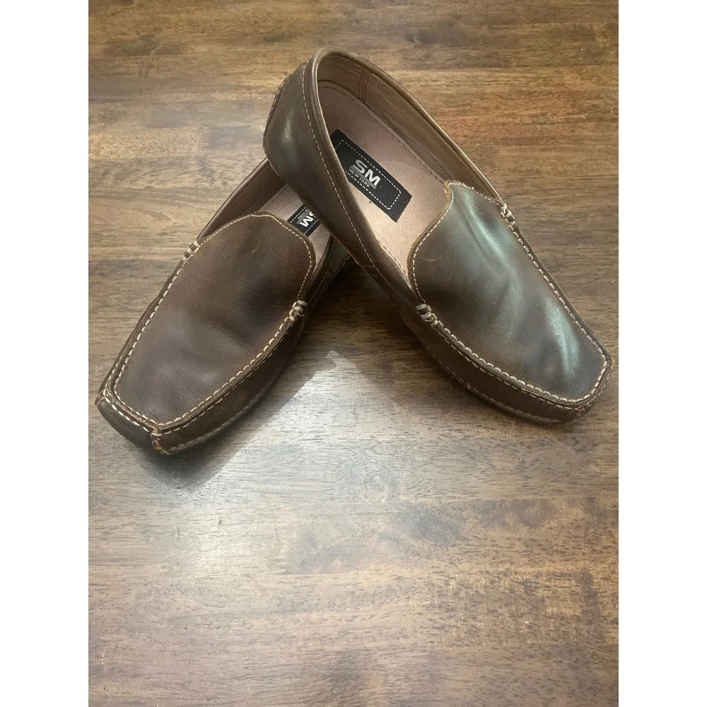 SM New York Mens Brown Leather Loafers Driver Shoes Square Toe Slip On Sz 10.5
